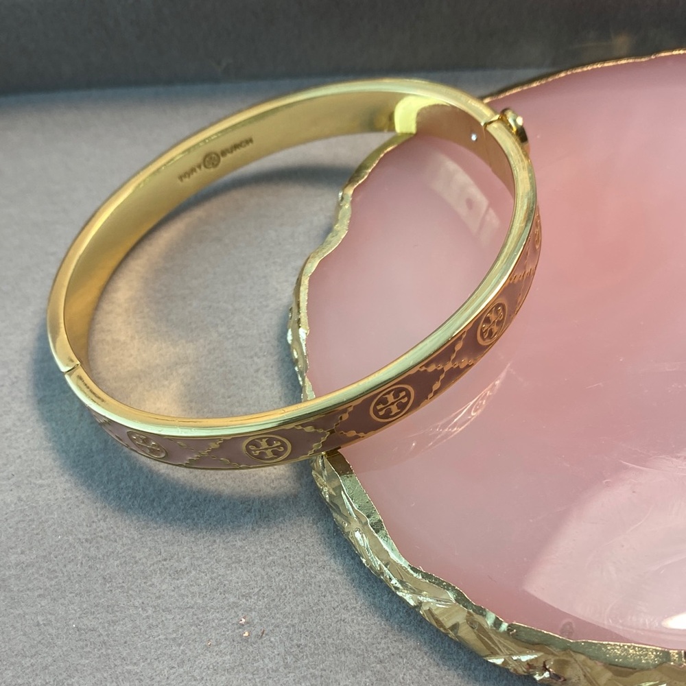 Gold and Baby Pink  Enamel Bangle Bracelet - Picture 5 of 7